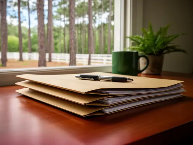 A neat stack of closed manila folders and a pen on a desk by a window.