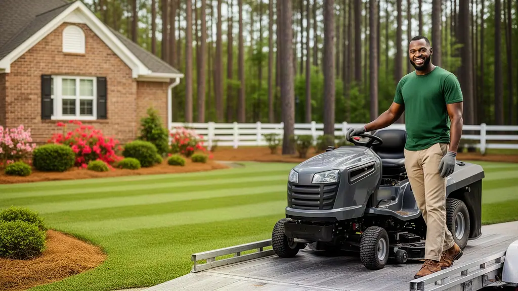 A smiling landscaper beside a gray riding mower on a trailer ramp at a brick house with a striped lawn and longleaf pines.