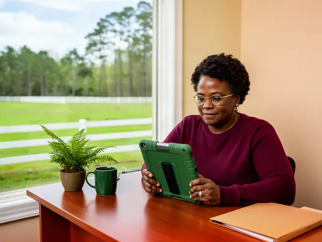A woman with short natural curls and gold-framed glasses reviewing a tablet at a desk in a small back office.