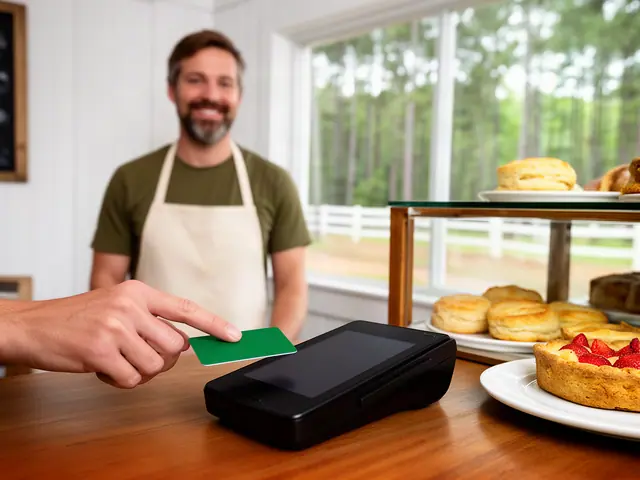 A customer taps a card on a counter terminal at a small farm-to-table bakery café.