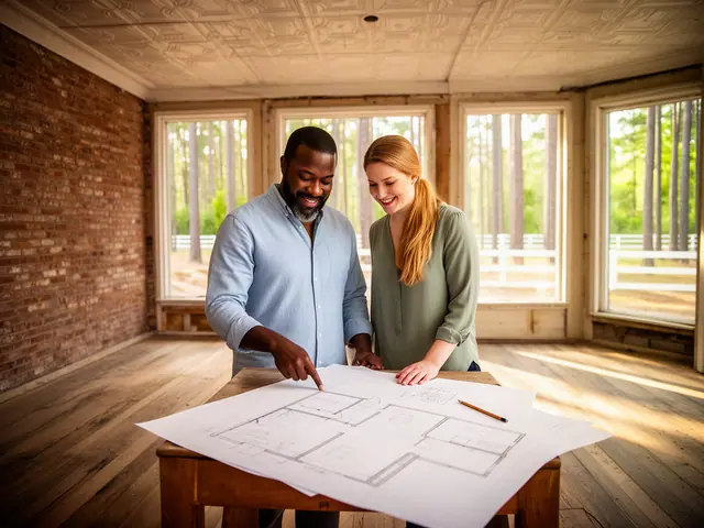 Two business partners looking over a pencil floor sketch in an empty storefront.