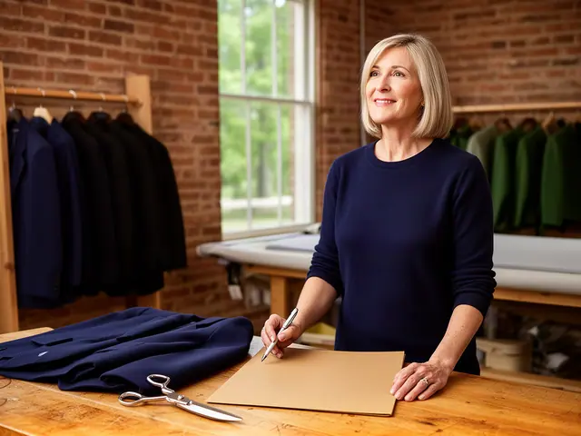 A woman with a short ash-blonde bob at a work table with a closed folder in a small equestrian-apparel tailoring shop.